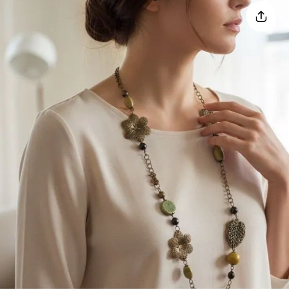 🌿 Boho Mixed-Media Long Necklace – Filigree Flowers, Leaves & Beads 🌿